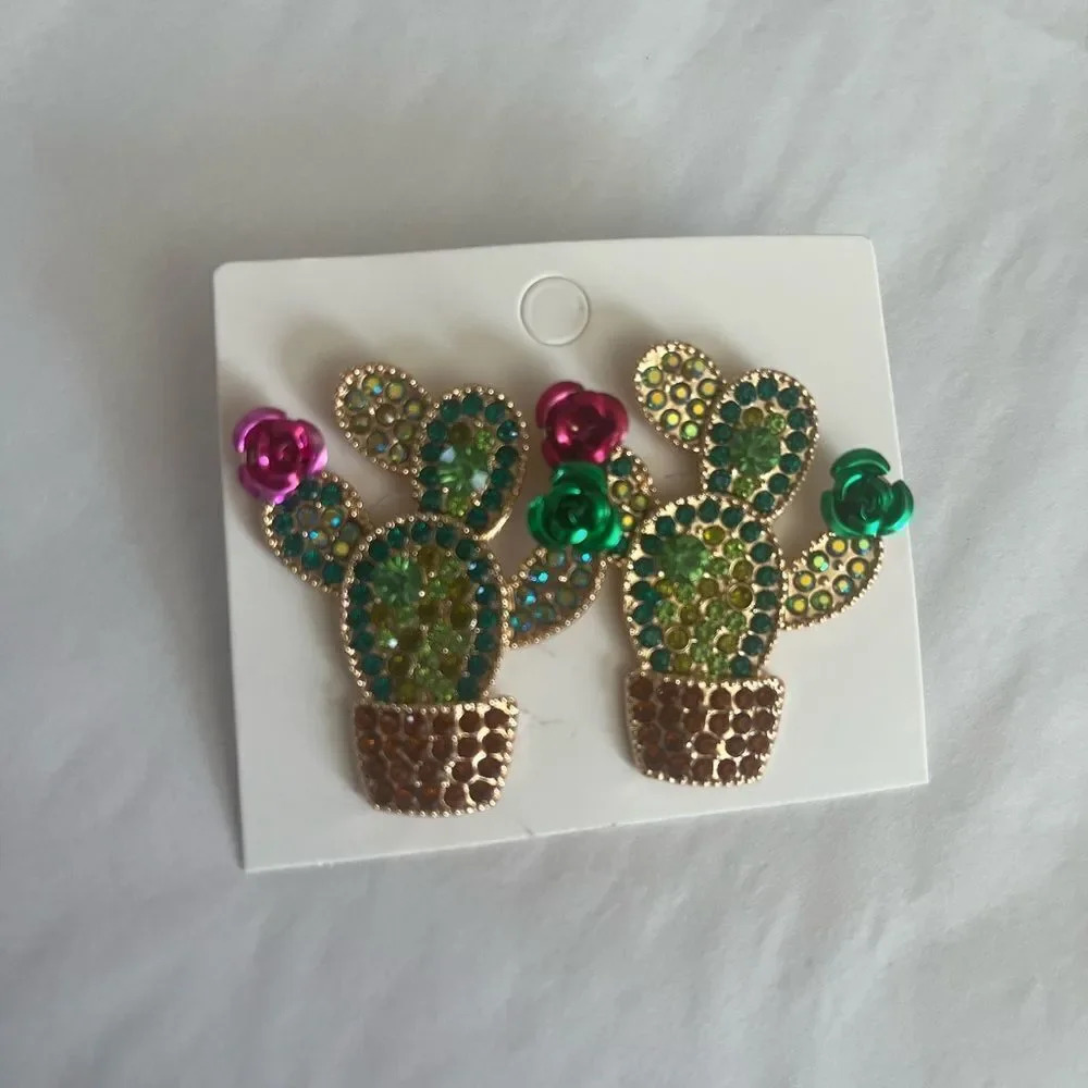 Cactus earrings crystals flowers NEW multicolored statement earrings desert - Picture 5 of 7